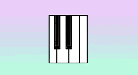 Stylized piano keyboard illustration on a pastel gradient background.