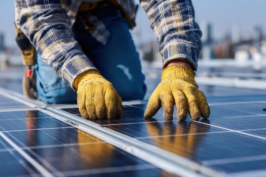 Worker in gloves installs solar panels on a roof under the bright sun. Showcases sustainable technology, energy saving, and green solutions.
