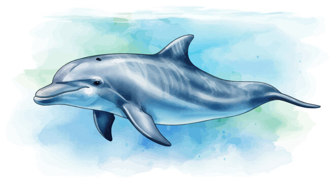 Watercolor illustration of a smiling dolphin swimming in the ocean.