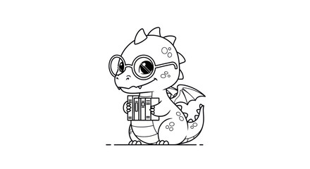 Cute Cartoon Dragon with Reading Glasses Holding Books