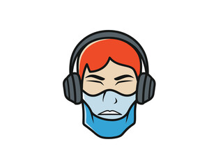 Vector illustration of a person wearing headphones and a face mask.