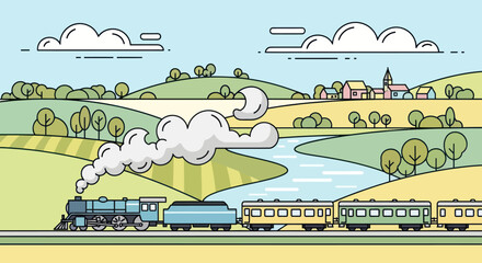 An old steam train travels through a charming rural landscape. © A B I G A I L