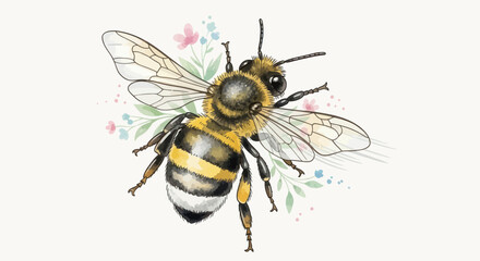 A charming watercolor bumblebee illustration surrounded by delicate wildflowers.