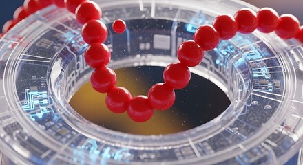 Red spheres suspended in clear circular frame with circuit details