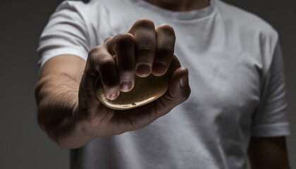 Man's hand squeezing a stress ball, closeup, white tshirt, stress relief, relaxation concept, mental health, emotional wellbeing.