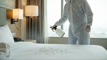 Man in protective suit spraying bed with insecticide to prevent or exterminate bed bug infestation in a hotel room