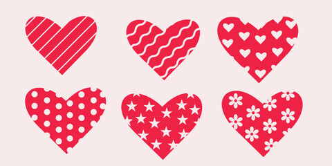 Set of Valentine’s Day red hearts patterned with stripes, flowers, waves, stars and dots. Collection set for clip art, stickers and greeting cards