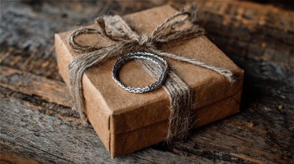 A rustic brown gift box tied with twine, silver bracelet on wood. Ideal for promotions of gifts, jewelry, or rustic themed products.