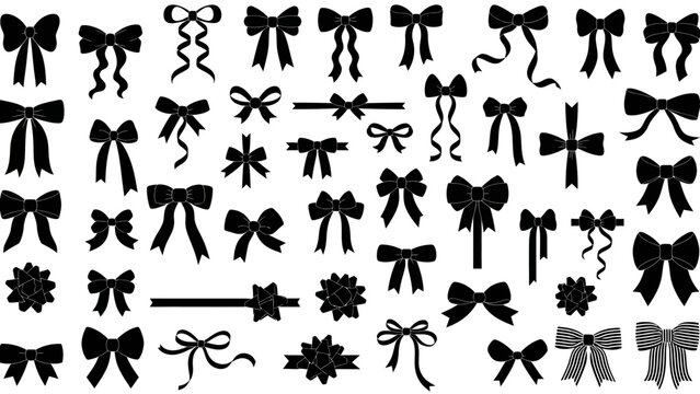 A versatile collection of elegant black silhouette bows and decorative ribbons, perfect vector illustrations for festive gift wrapping, stylish design projects, and celebratory event embellishments