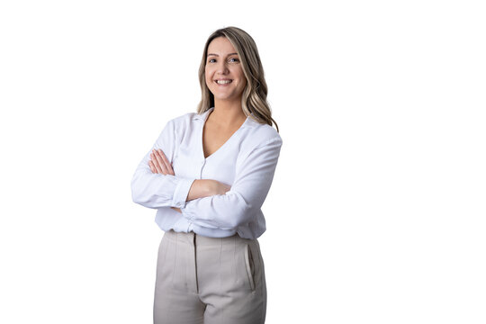 Confident businesswoman smiling with arms crossed on transparent background