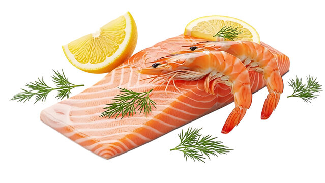 Fresh salmon fillet and king prawns with citrus and herbs for gourmet seafood preparation and healthy culinary advertising