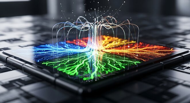 Data flow and processing in computer, graphic of lines with color variation - Powered by Adobe