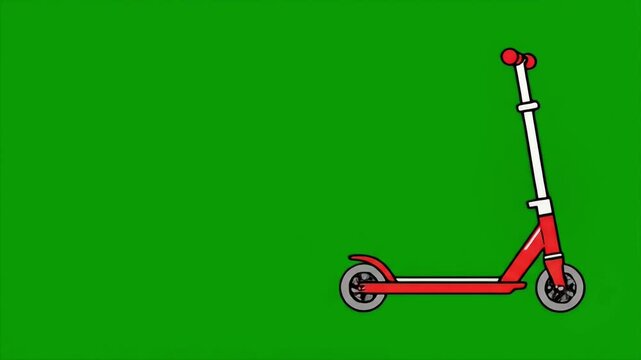 Red Kick Scooter Moving Across Green Screen Background.
