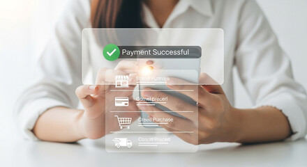 Woman uses smartphone for online shopping with successful payment confirmation showcasing ecommerce convenience and secure mobile transactions for retail purchases and digital payments online