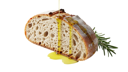 Delicious Sourdough Bread Slice with Olive Oil Drizzle and Rosemary Isolated on Transparent