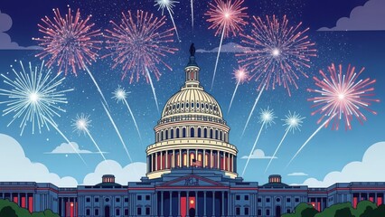 United states capitol building with fireworks celebration isolated on white background