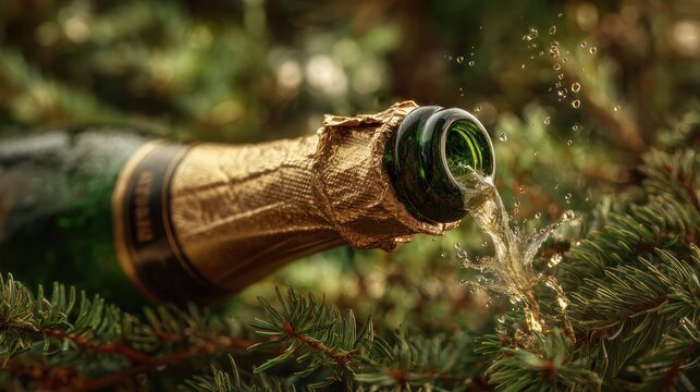 Champagne bottle spilling sparkling wine on festive pine branches