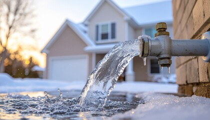 Fresh Water Flowing from Spigot in Winter Residential Home Background