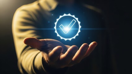 Man holding a glowing blue checkmark symbol isolated on white background