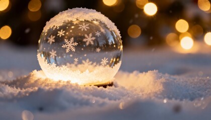glowing empty snow globe on soft snowy surface, bokeh lights, magical holiday atmosphere,