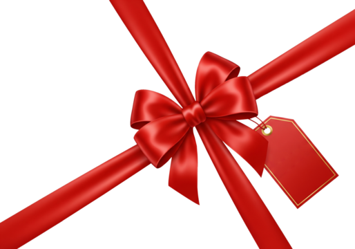 Shiny Red Satin Gift Ribbon and Decorative Bow with Blank Tag on png Background for Christmas, Holiday, or Birthday Presents