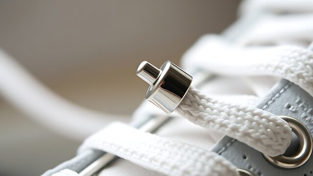 osmium. Polished metal aglet at the end of a white shoelace with metallic texture. lifestyle magazines, social media lookbooks, designed for lifestyle magazines and social media content.
