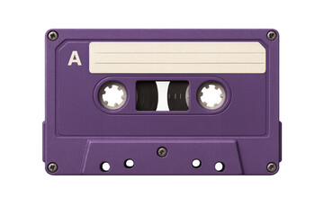 Fototapeta premium Purple audio cassette tape recreating retro music listening experience, capturing vintage sound and mixtape nostalgia on transparent background