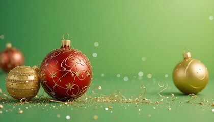 Golden and red Christmas ornaments on green background