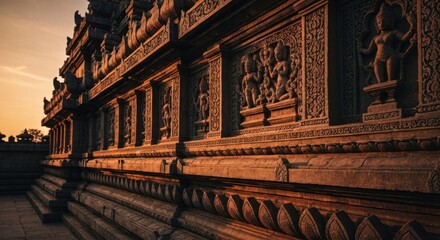 Ancient stone wall with intricate carvings at sunset