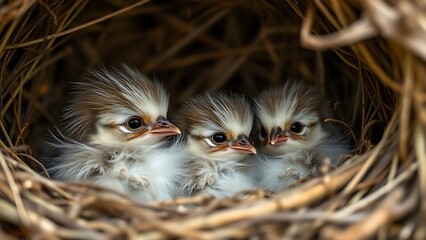 noticeably. A fluffy fledgling bird in a nest, smaller than its siblings, with a soft-focus background. wildlife magazines, conservation campaigns, designed for eco-tourism storytelling.