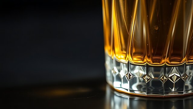 schnapps. Golden schnapps liquid in a crystal glass, light refraction on a dark surface, minimalist style. bar promotions, beverage menus, designed for product packaging and bar promotions.