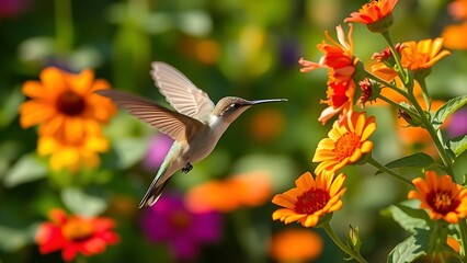 selectively. Hummingbird hovering at garden flowers with motion blur wings and floral background. wildlife magazines, conservation campaigns, designed for nature documentaries and education.