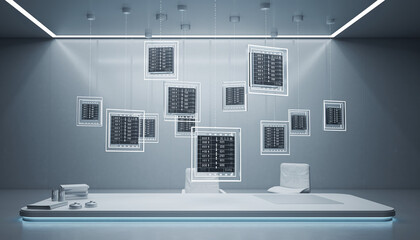 Futuristic data analysis hub with floating screens displaying real-time statistics for finance, technology, and modern business intelligence