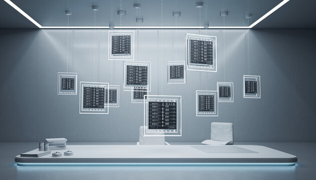 Futuristic data analysis hub with floating screens displaying real-time statistics for finance, technology, and modern business intelligence