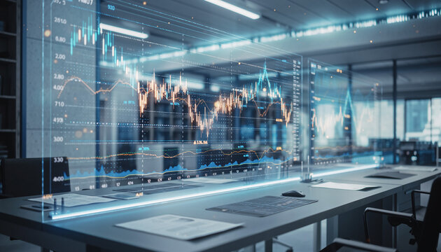 Modern workspace visualizing stock market data, financial analysis and business performance, showcasing investment strategy and economic trends for success