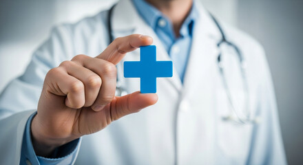 Doctor holding a blue cross symbol representing healthcare and medicine showcasing medical expertise and the importance of health services in a hospital or clinic setting for patient care