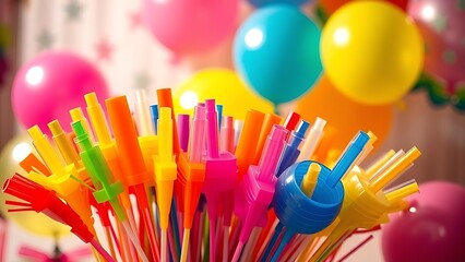 libertarian. Colorful party blowers and balloons on a table, festive celebration with soft lighting. lifestyle magazines.
