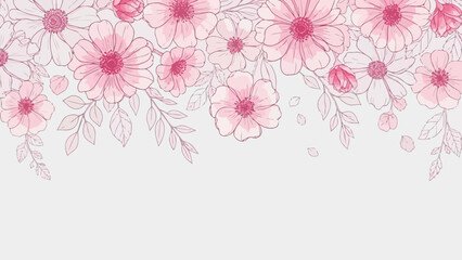 Delicate pink watercolor flowers and leaves forming a decorative top border on a light background, perfect for spring designs.