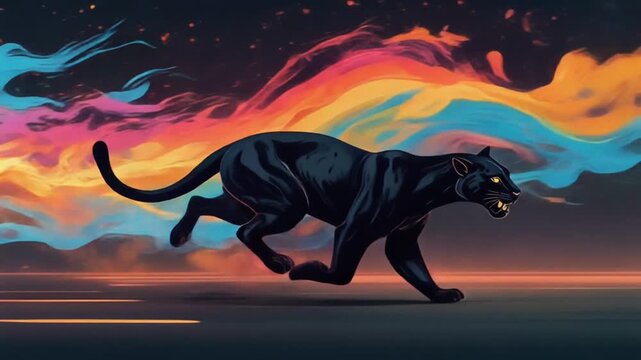 Running Black Panther with Colorful Energy Trail in Dark Motion Scene