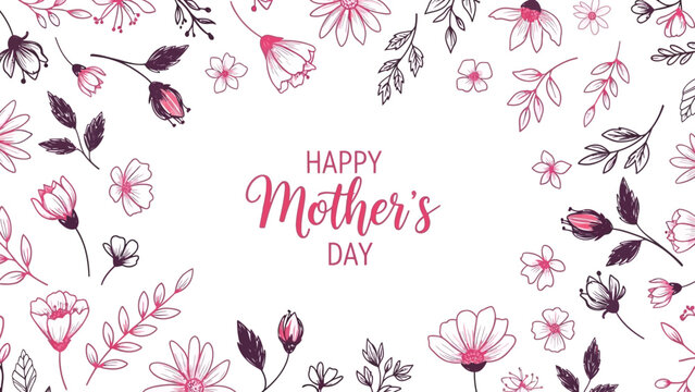 Happy Mother's Day greeting card with hand-drawn pink and purple floral border on a white background, featuring delicate flowers and leaves. - Powered by Adobe