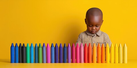 Young child looking at colorful crayons on yellow background