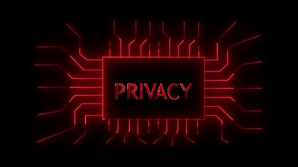 Digital concept of data privacy and security represented by the word privacy glowing on a central microchip surrounded by abstract red neon circuit board lines on a black background - Powered by Adobe