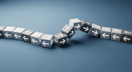Sequence of gray and white cubes with arrows some tumbling suggesting disruption change or a break in the pattern ideal for concepts like innovation and transformation on blue background