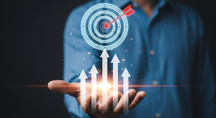 Man presents business growth strategy with target and arrow showcasing success and achievement in reaching goals highlighting financial growth and upward trends in a professional setting