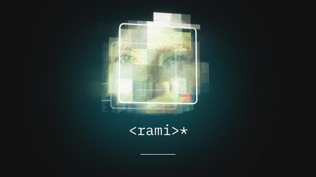 Futuristic UI screen showing a composite digital face built from translucent pixel blocks, glowing softly above a dark gradient with a minimal prompt field, suggesting advanced AI interaction.