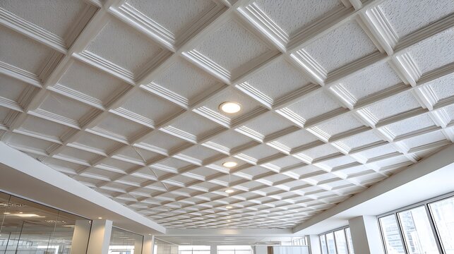Texture of a white drop ceiling in an office showing a grid pattern with acoustic tiles, emphasizing clean and architectural detail design.
