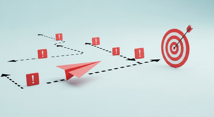 Red paper airplane navigates a dotted path with obstacles towards a target symbolizing strategy goals and problemsolving in business and personal development with a clean and modern design