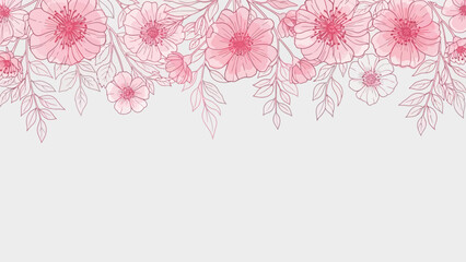 Elegant pink floral border with delicate line art flowers and leaves on a light background.
