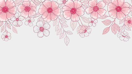 Delicate pink and white floral border illustration with sketched flowers and leaves on a light background.
