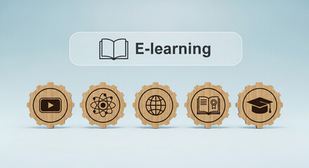 Elearning concept featuring an open book icon and wooden gears with icons representing video science global connectivity books and graduation cap on a light blue background